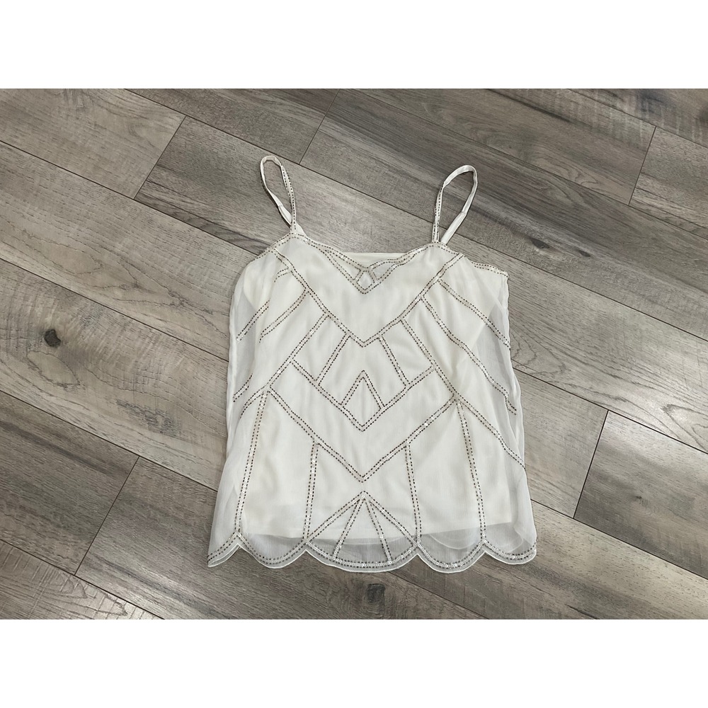 White House black market Sequin Mesh Camisole Scalloped Hem Spaghetti Strap Tank